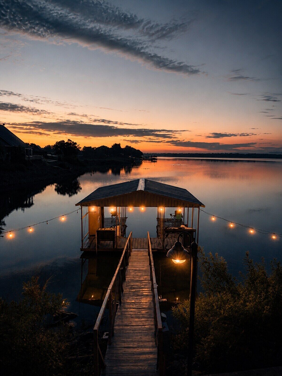 A wooden dock leading to a covered seating area with string lights, overlooking a calm body of water at dusk.