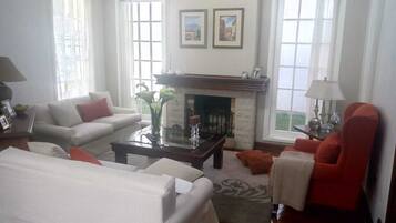 Een televisie, een open haard, videogames en een computerscherm