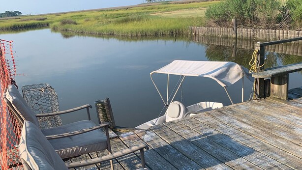 A wooden dock with chairs and a canopy, overlooking a calm body of water and grassy landscape.