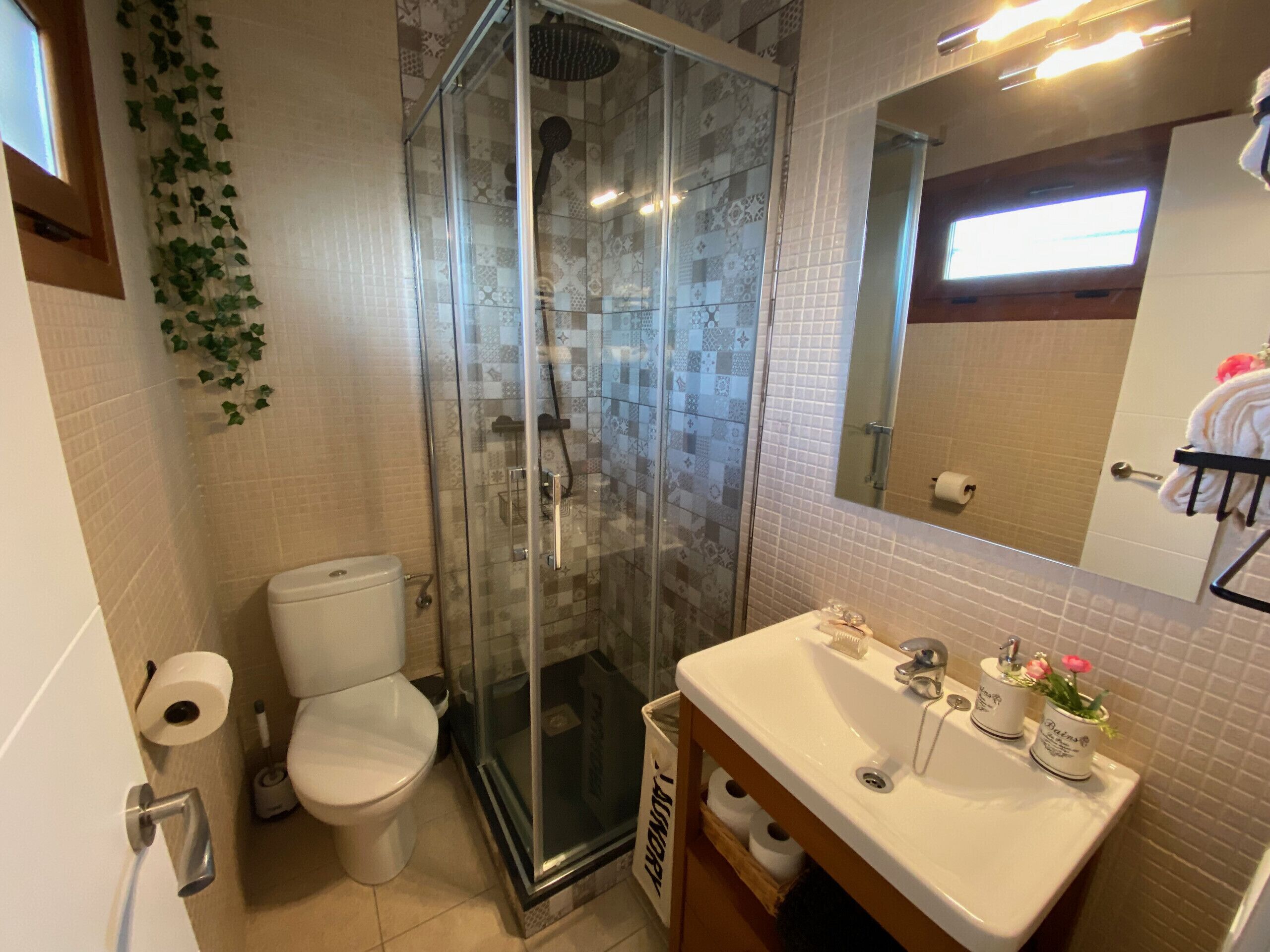 A bathroom with a glass-enclosed shower, a toilet, a sink with toiletries, and a mirror.