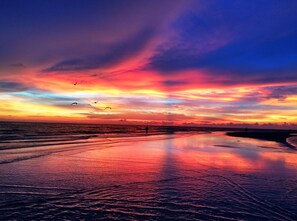 Een strand met een zonsondergang, golven en vliegende vogels.