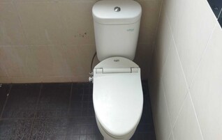 Un inodoro con la tapa cerrada y una palanca de descarga.