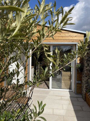 Une maison moderne avec une façade en bois, une porte en verre et une terrasse carrelée.