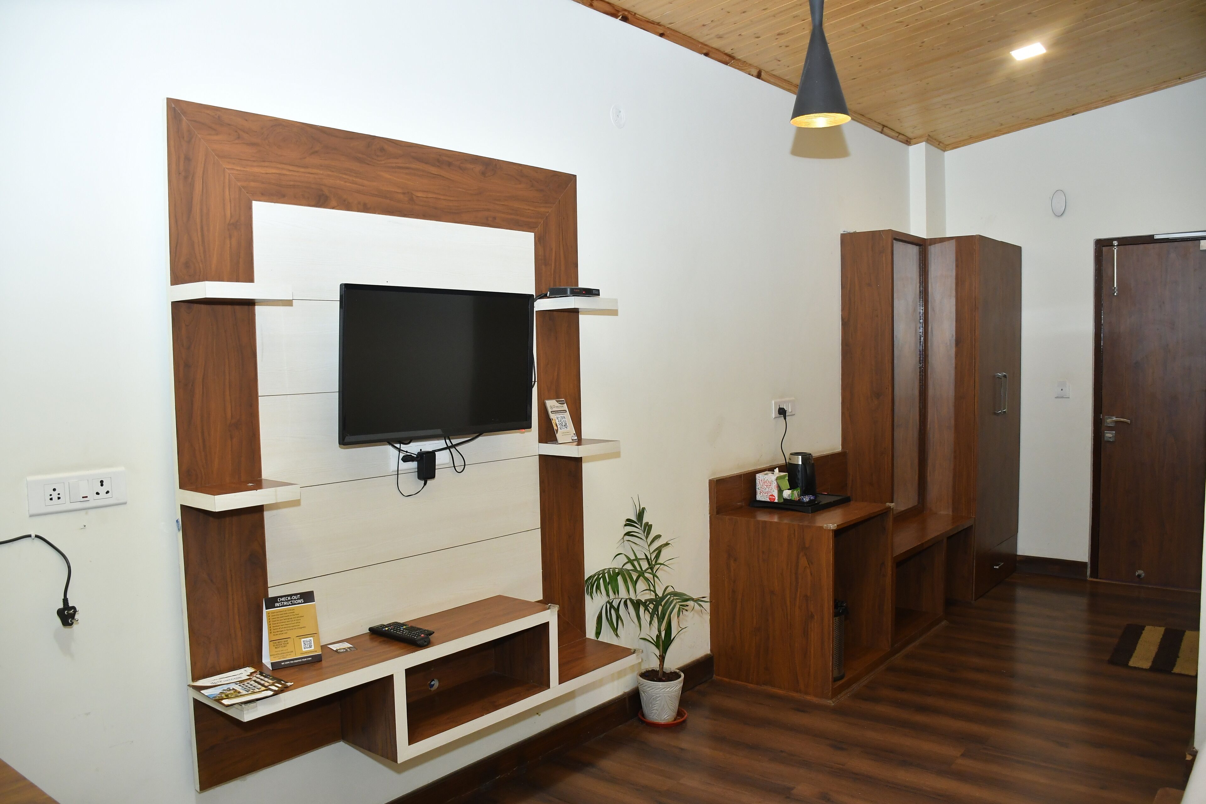 A modern living room with a wooden TV stand, a potted plant, and built-in wooden cabinets.