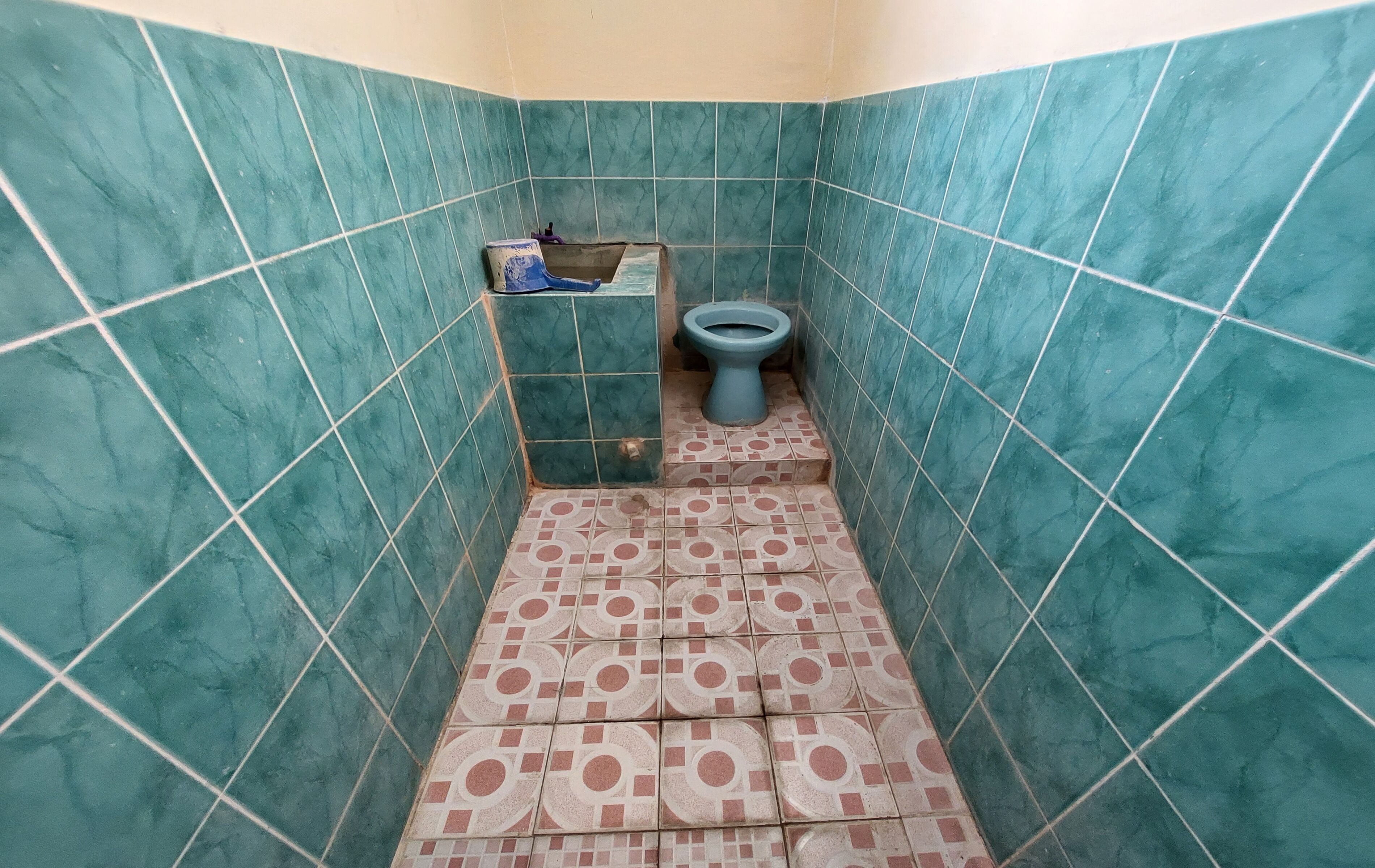 A bathroom with teal tiles, a toilet, and patterned floor tiles.