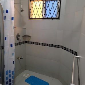 A small, enclosed shower area with a window, a showerhead, a hand shower, a towel rack, and a blue mat on the floor.