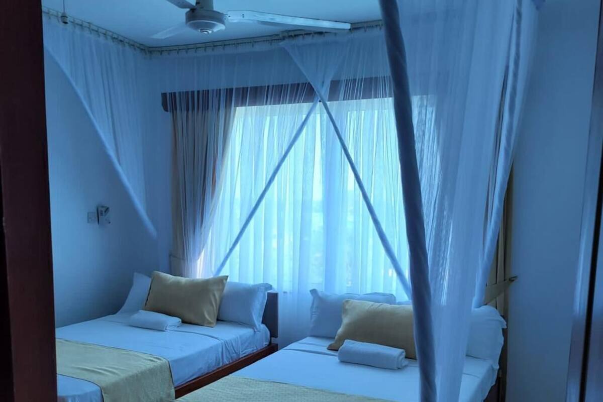A room with two single beds, a ceiling fan, and sheer curtains.