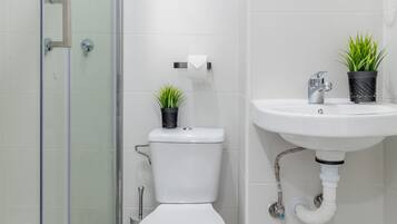 Buồng tắm vòi sen, máy sấy tóc, khăn tắm, xà phòng