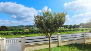 Un chemin pavé avec un arbre au centre, une porte blanche et un ciel d’un bleu limpide.