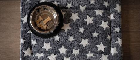 A rectangular tray with a star pattern, containing a metal bowl and wooden dog treats.