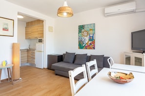 En kompakt opholdsstue med tekøkken, en grå sofa, et spisebord og et fjernsyn.
