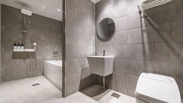 Shower, designer toiletries, hair dryer, bathrobes