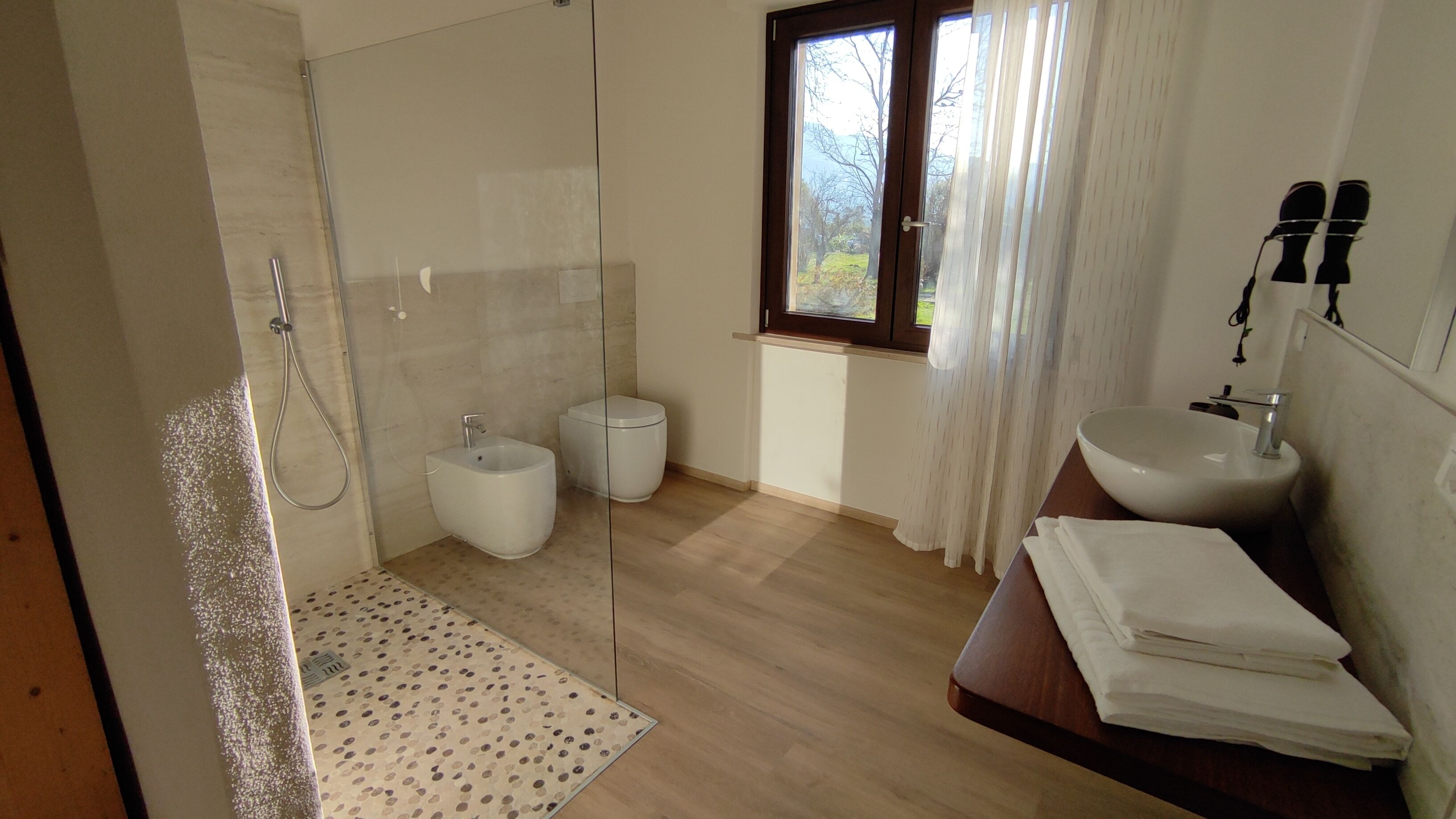 Shower, hair dryer, slippers, bidet