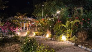 A garden with a pathway leading to a building, surrounded by various plants and flowers. - Sea Breeze Beach Resort (Murud)