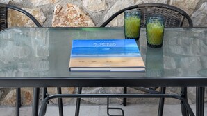 Un muro in pietra con una pianta verde in vaso, un tavolino in vetro con un libro e due bicchieri di bevanda verde, e sedie in vimini.