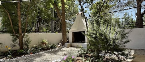 Un'area giardino con vialetto in pietra, diverse piante e una piccola costruzione.