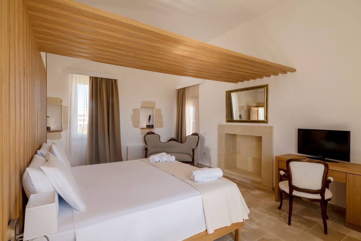 Una habitación de hotel con una cama, un escritorio, una silla, un televisor y una chimenea.