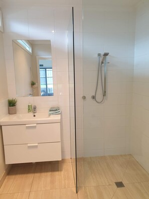 Shower, hair dryer, towels, soap