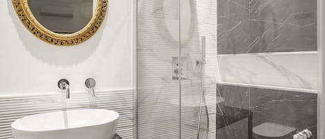 Shower, hair dryer, bidet, towels