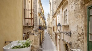 A narrow street with old buildings, a white trash bin, and a potted plant.