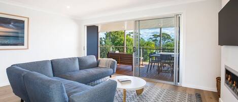 TV connectée, cheminée, livres, chaîne hi-fi