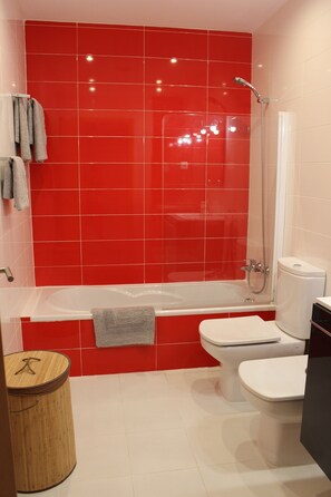 Ducha y bañera combinadas, secador de pelo, bidé y toallas