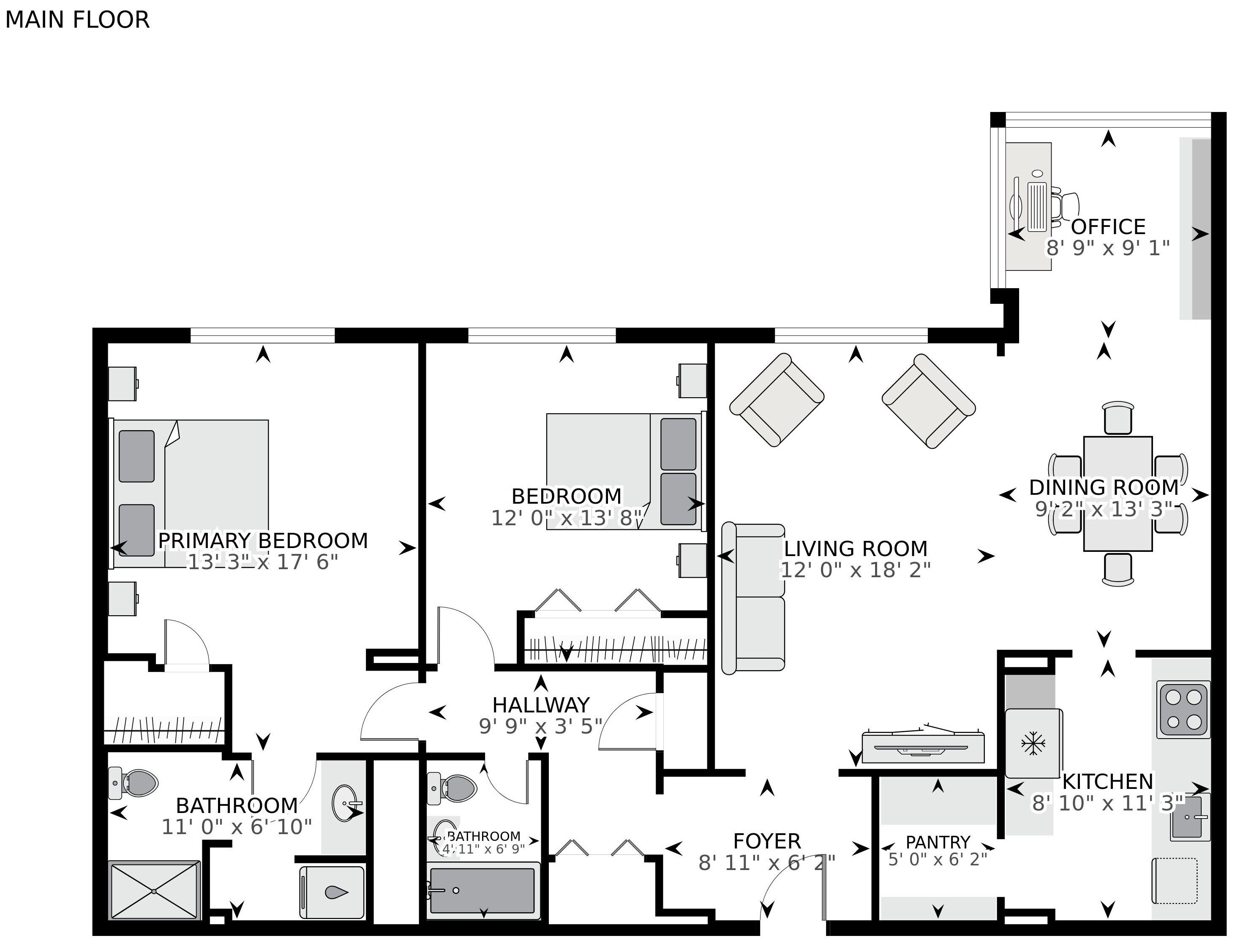 A floor plan of a hotel with a primary bedroom, secondary bedroom, living room, dining room, kitchen, bathroom, foyer, and office.