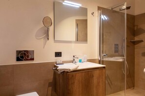 Shower, hair dryer, bidet, towels