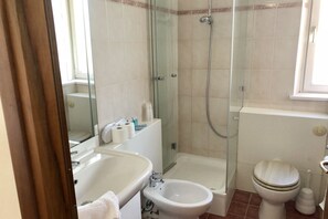 Shower, hair dryer, bidet, towels