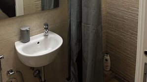 A bathroom with a white sink, a shower, and a mirror. - Apartment in St. Peter  (Roma)