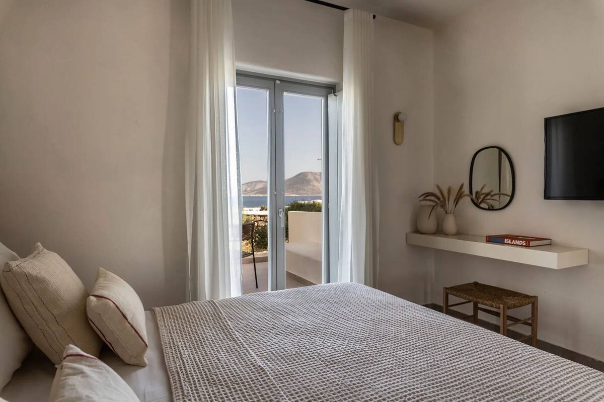 A bedroom with a bed, a view of the outdoors, a TV, and a shelf with books.