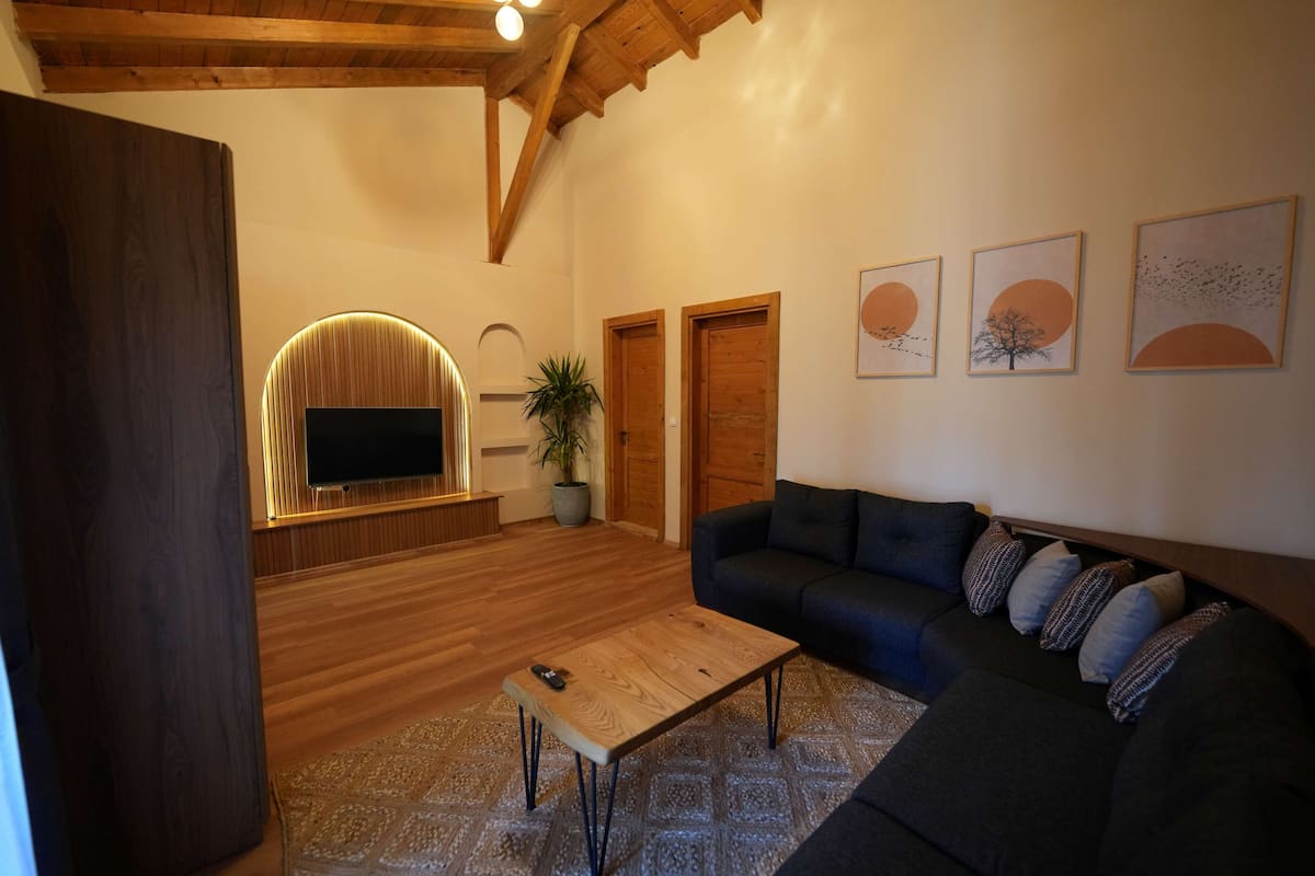 Un salón moderno con techo de madera, un televisor de pantalla plana montado sobre un panel de madera, un sofá de color oscuro, un tapete estampado y tres obras de arte colgadas en la pared.
