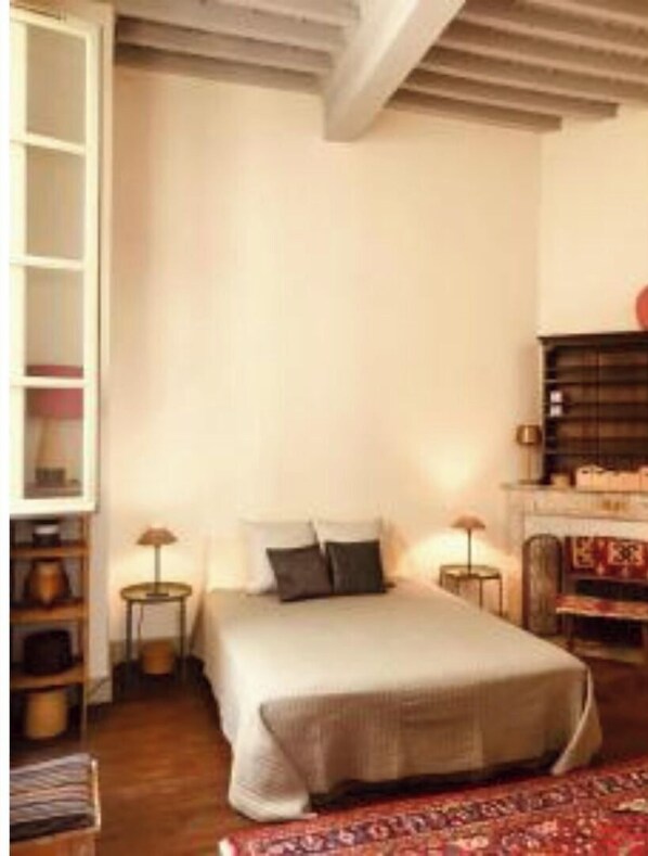 A bedroom with a bed, bedside tables, a fireplace, and a bookshelf.