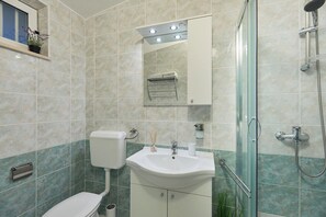 Shower, hair dryer, towels