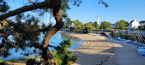 A beach with boats, a lighthouse, and a tree in the foreground.