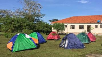 A grassy area with several colorful tents and a building with a red roof in the background.