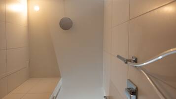 A shower with a handheld showerhead, a round wall-mounted control, and a metal handrail.