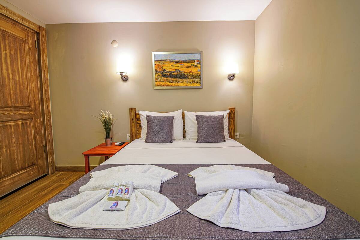 A hotel room with a bed, two pillows, a nightstand with a plant, and towels on the bed.