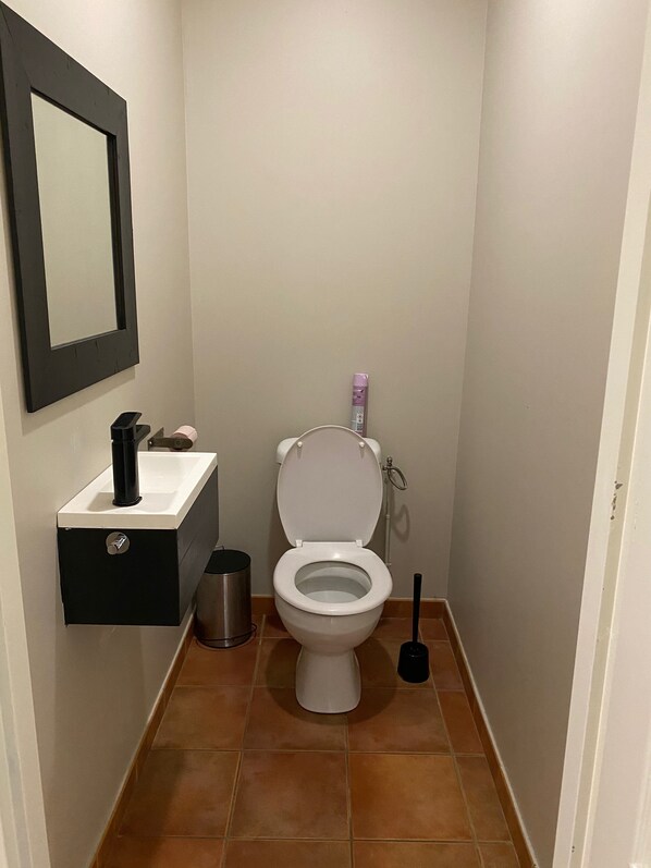 A small bathroom with a white toilet, a black sink, a trash can, and a toilet brush.