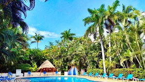 A swimming pool surrounded by palm trees and lounge chairs.