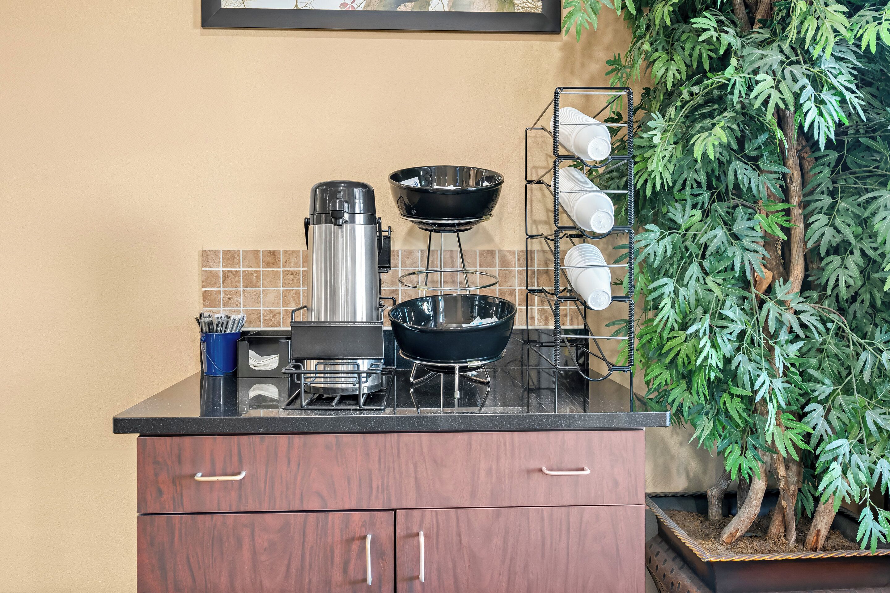 A kitchen with a coffee maker, a black bowl, and a plant.