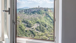 Une fenêtre donnant sur un paysage montagneux, un radiateur en dessous et une poignée de porte partiellement visible.