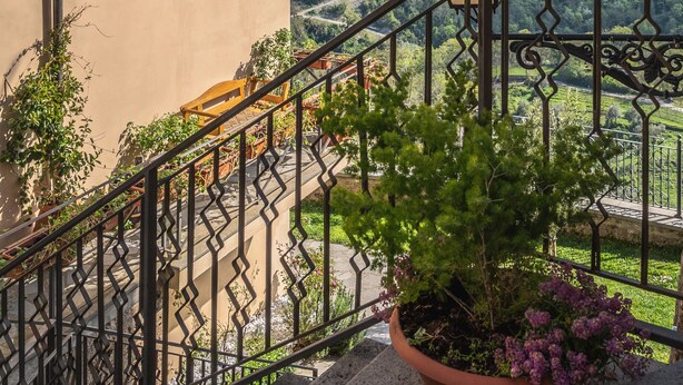 Un balcon orné d’une balustrade en fer forgé, avec un pot de fleurs et une vue sur un paysage montagneux.