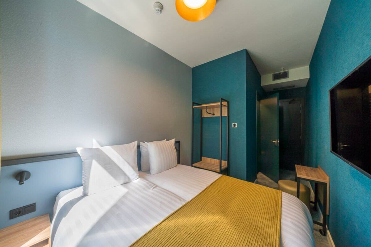 A hotel room with a bed, a mirror, a wardrobe, and a shower area.