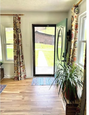 Quarto com piso de madeira, porta que dá para o exterior e um vaso com planta.