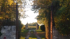 Un chemin de pierres mène à travers une porte rustique et donne accès à un jardin bordé de murs en pierre et agrémenté de verdure.