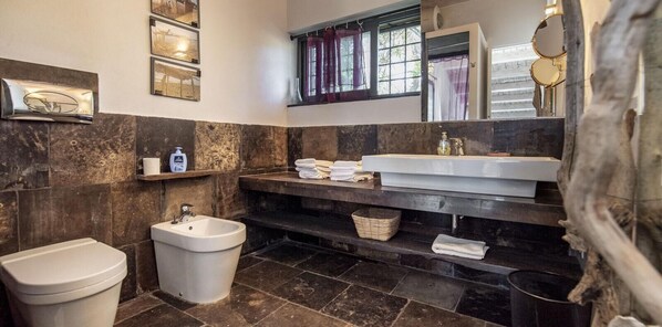 A bathroom with a bidet, a sink, and a mirror.