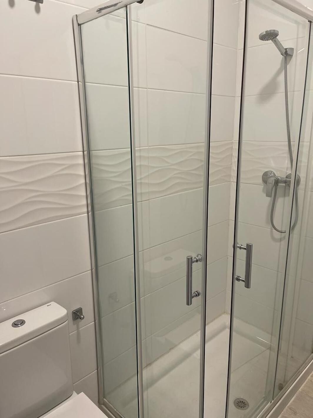 A glass-enclosed shower stall with a handheld showerhead, adjacent to a toilet.