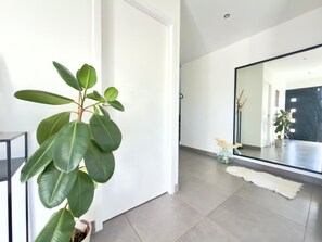 A modern interior with a large mirror, a potted plant, and a white fur rug.