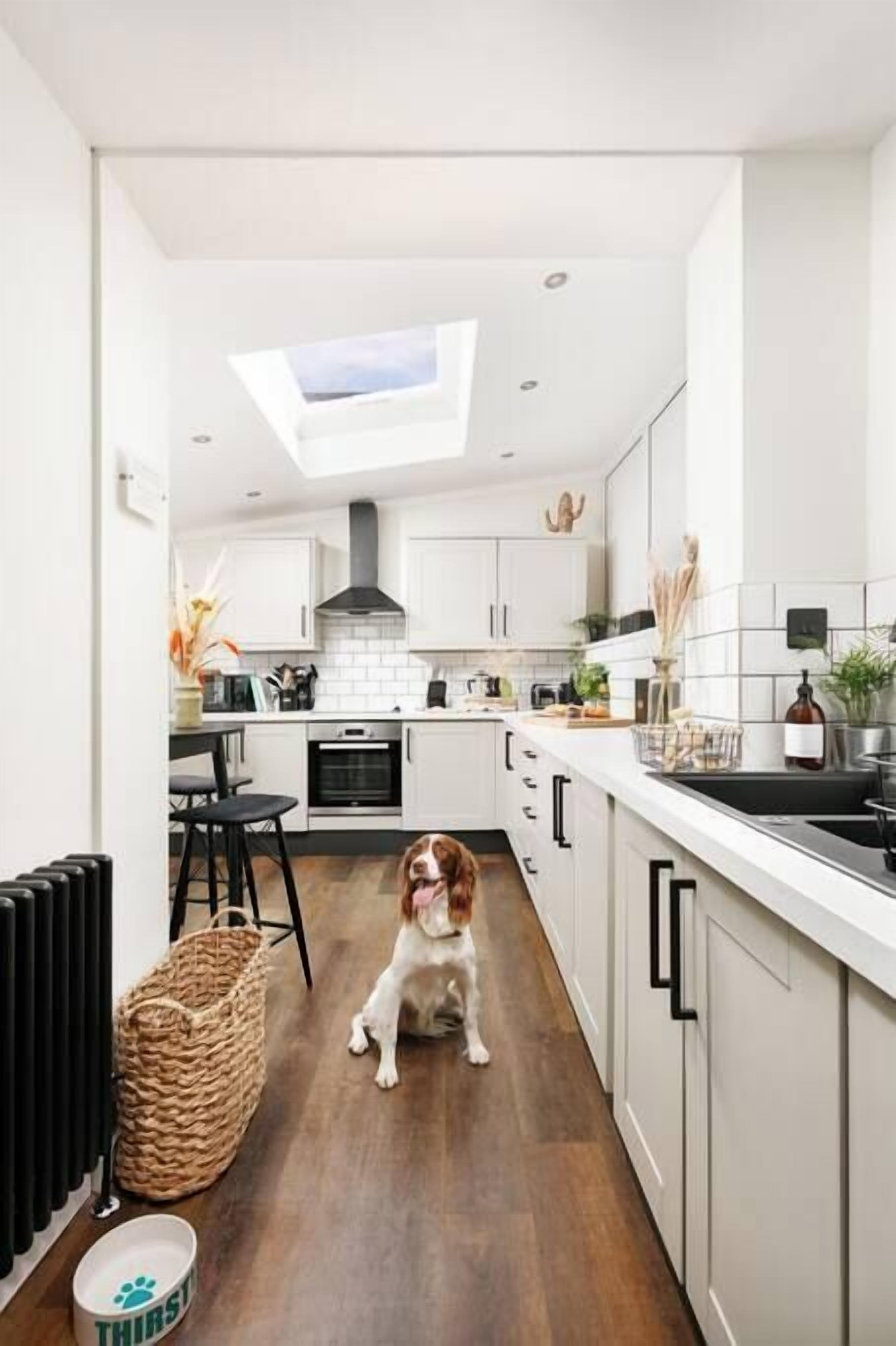A modern kitchen with white cabinets, a black countertop, and a skylight.